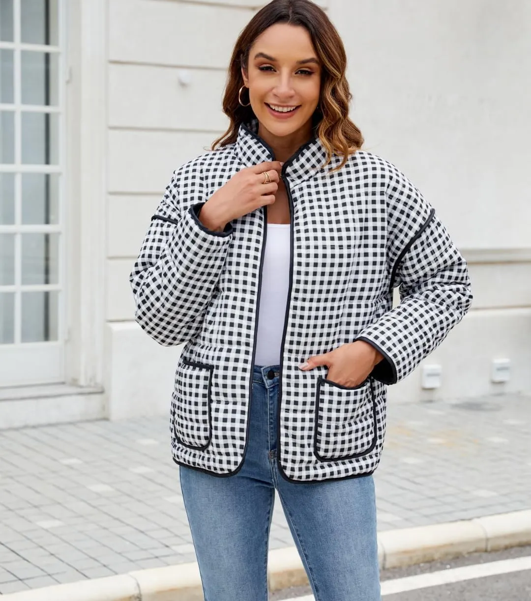 Women's Cropped Floral Quilted Jacket Lightweight Open Front Padded Puffer Coat