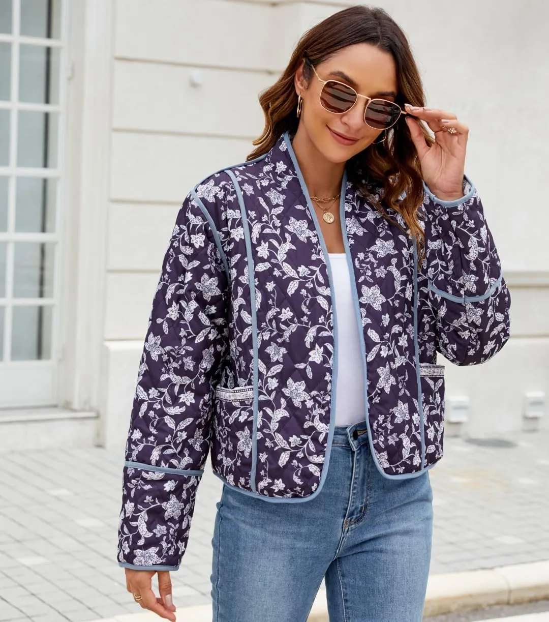 Women's Cropped Floral Quilted Jacket Lightweight Open Front Padded Puffer Coat